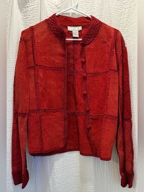 Vintage SMH Boutique Red Suede Leather Crochet Trim Western Jacket Medium